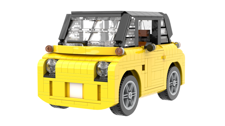Coche de juguete de LEGO color amarillo con detalles en negro y ventanas transparentes.
