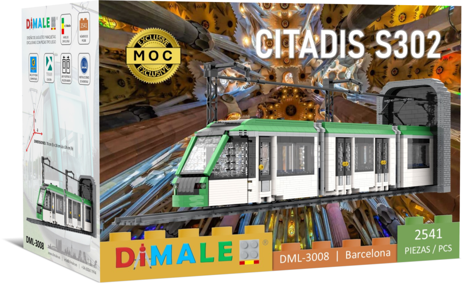 Caja de un modelo de tranvía Citadis S302 de DIMALE saliendo de túnel.