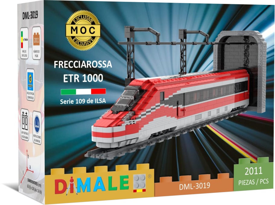Modelo de tren Frecciarossa ETR 1000 en caja DIMALE, con detalles en rojo y blanco.