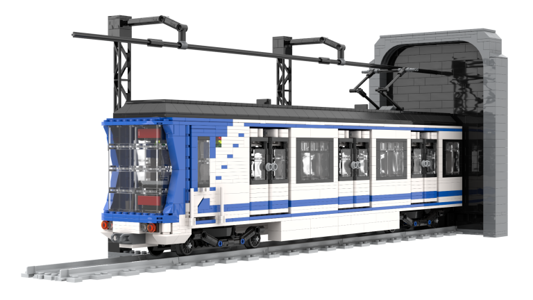 Tren de metro azul y blanco saliendo de un túnel.