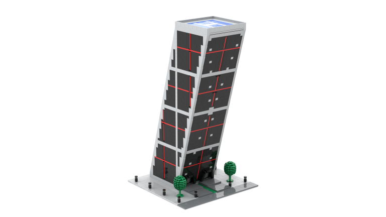 Edificio inclinado moderno con paneles oscuros y árboles alrededor.