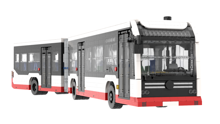 Autobús articulado con diseño moderno en colores blanco y rojo.