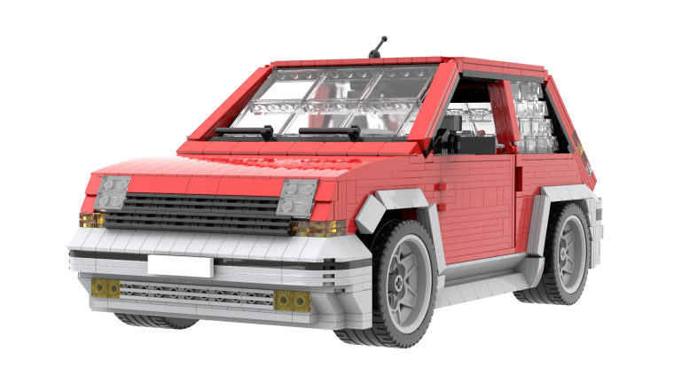 Coche de juguete rojo con detalles en gris y ventanas, estilo Lego.