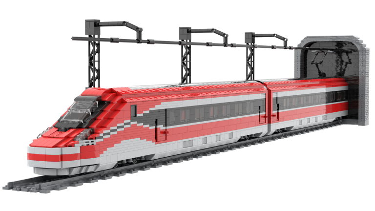 Tren de juguete en tonos rojos y grises saliendo de un túnel.