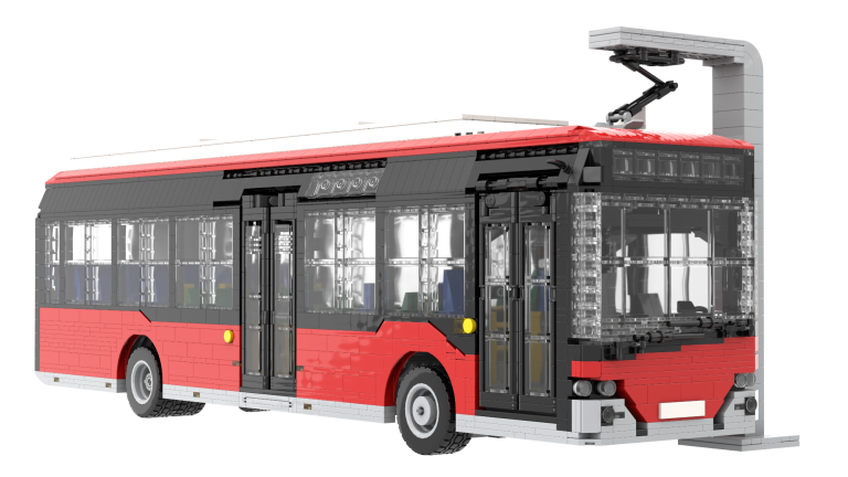 Autobús urbano moderno de color rojo y negro con diseño elegante.