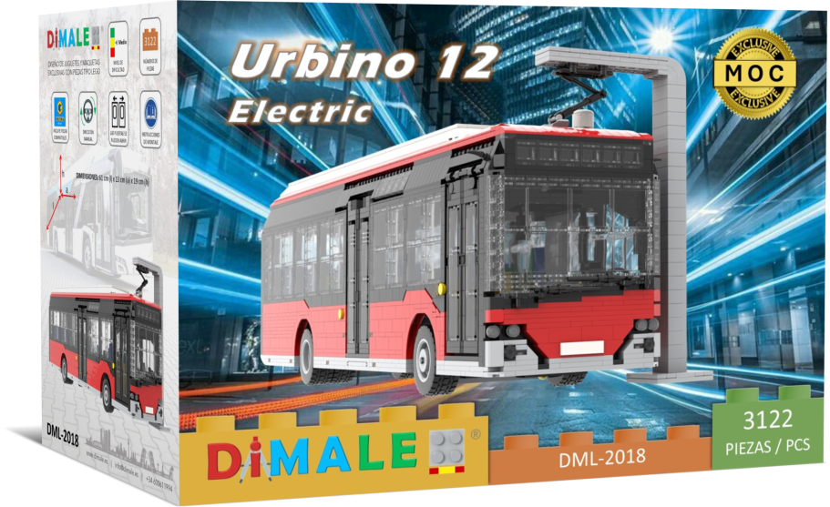 Maqueta de autobús urbano eléctrico Solaris Urbino 12, con detalles en rojo y negro.