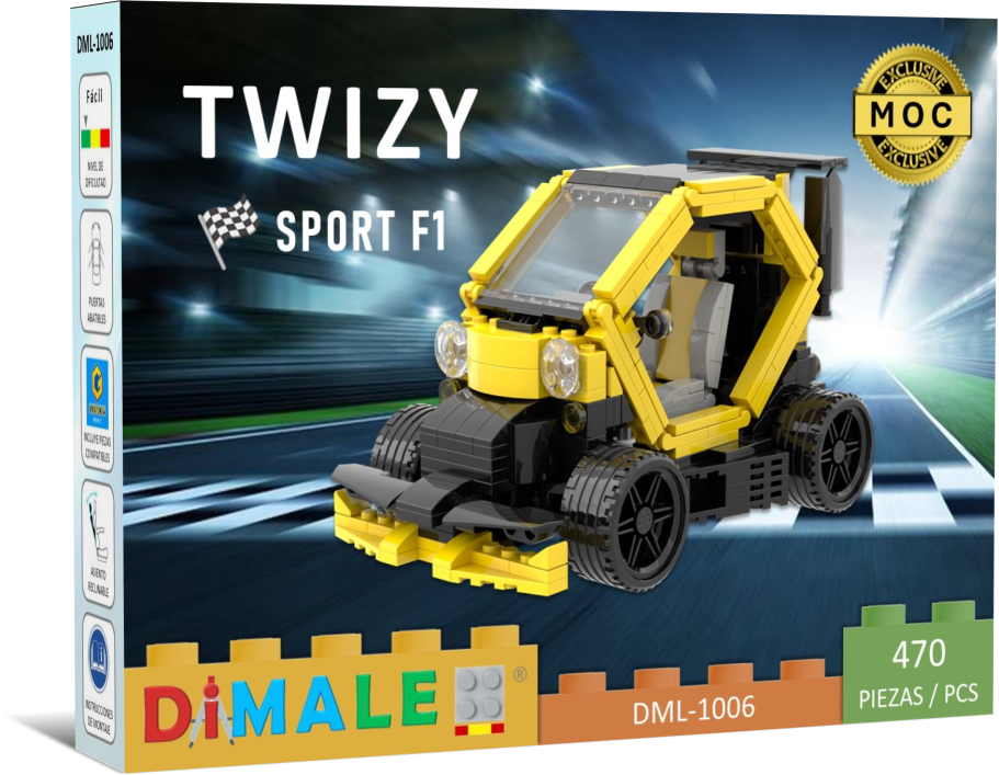 Modelo de construcción del vehículo Twizy Sport F1 en colores amarillo y negro.