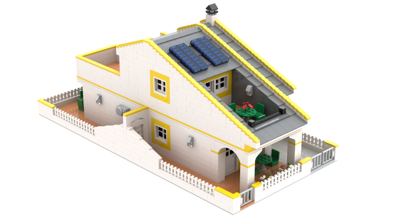 Casa con paneles solares y un jardín en la terraza, paredes blancas y detalles amarillos.