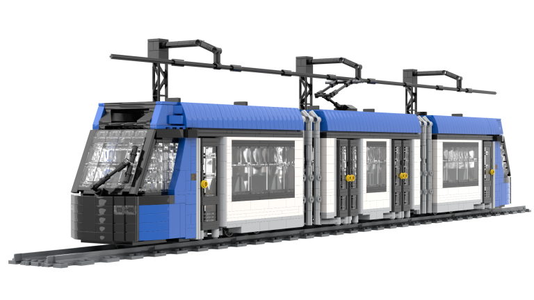 Tren ligero azul y blanco en una vía urbana.