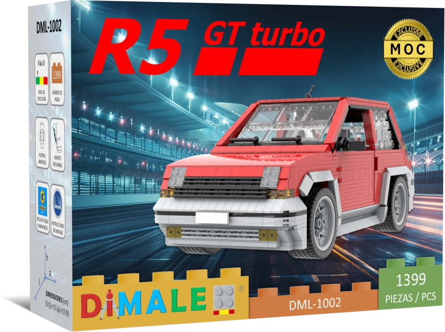 Caja del set de construcción R5 GT Turbo de DIMALE, con un diseño de coche rojo.